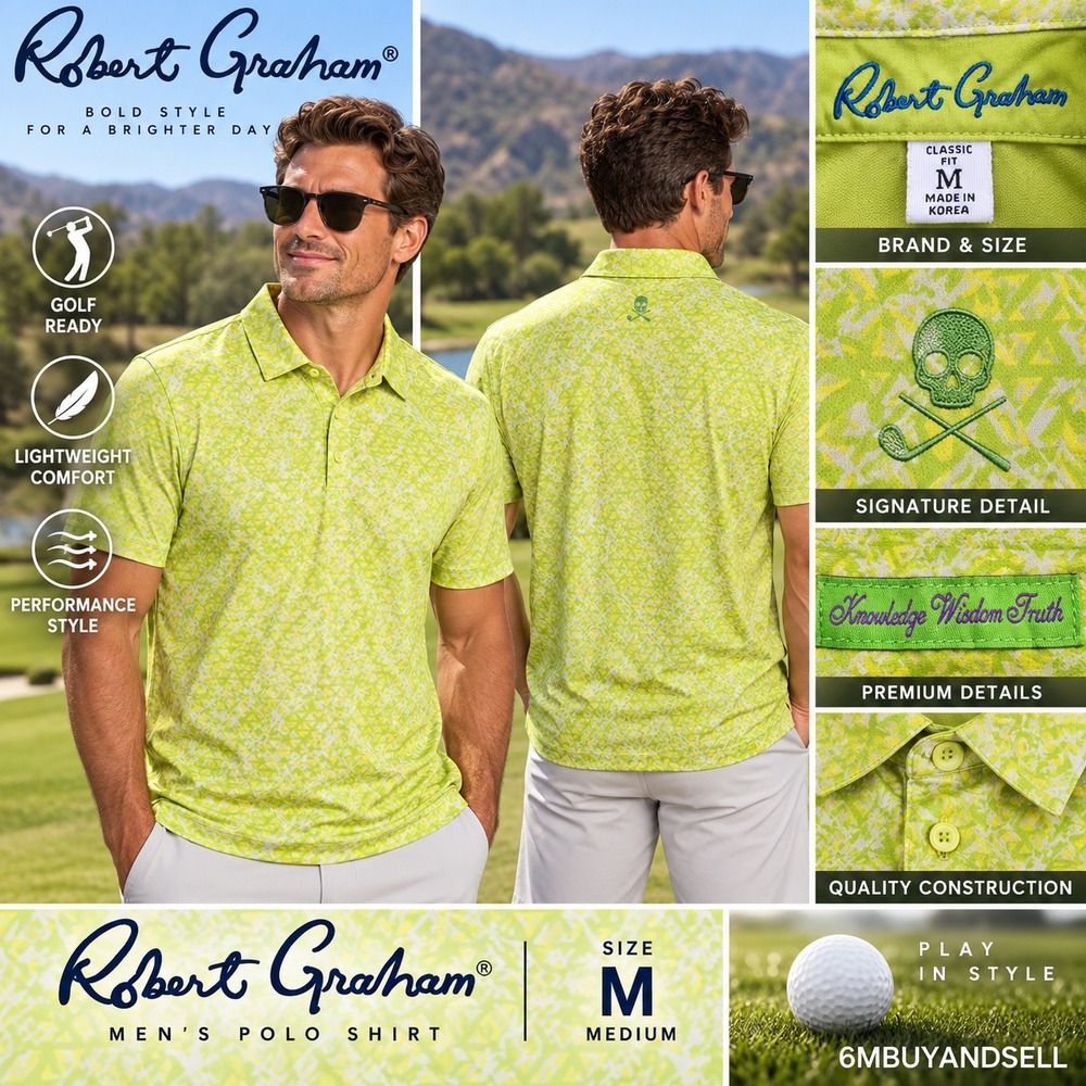 Robert Graham Mens Polo Shirt Medium Lime Green Geometric Golf Skull Logo M